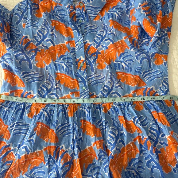 HiHo Womens Long-Sleeve Cotton Dress With Collar In Blue & Orange Size S Made In - Picture 7 of 9